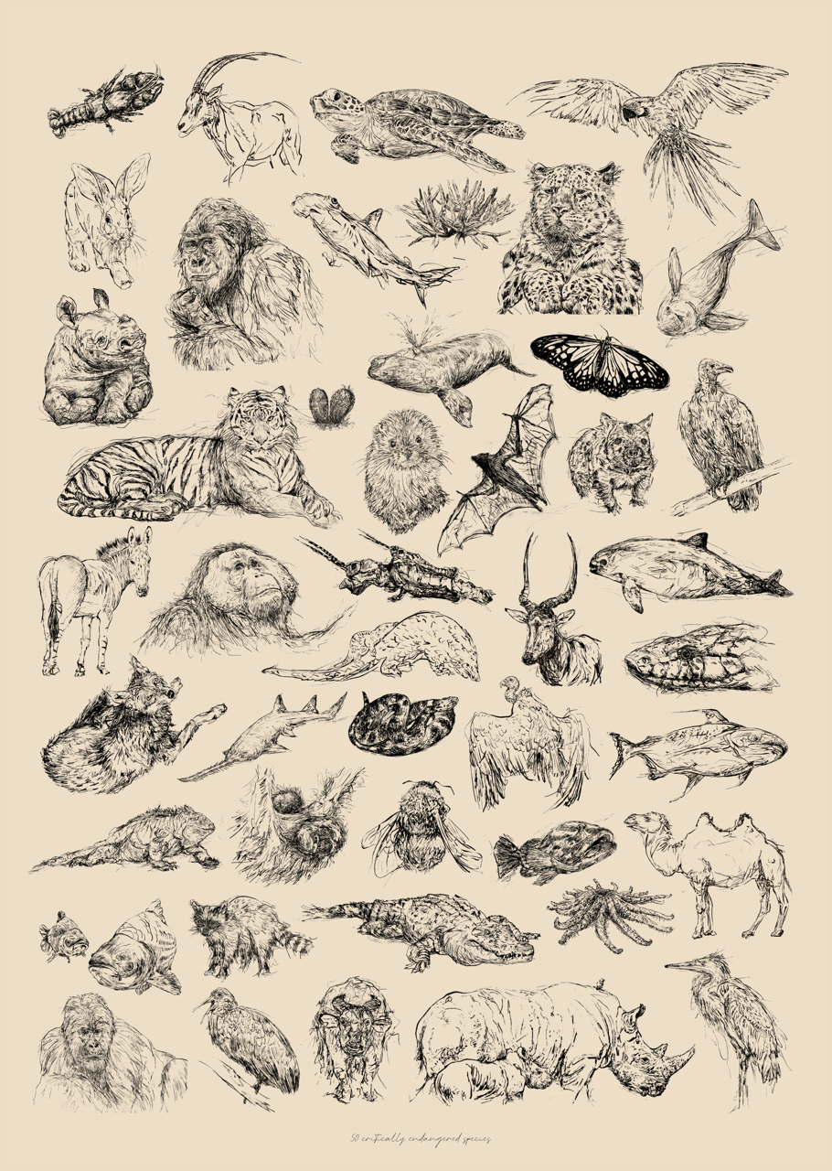 50 Critically Endangered Animals Art print