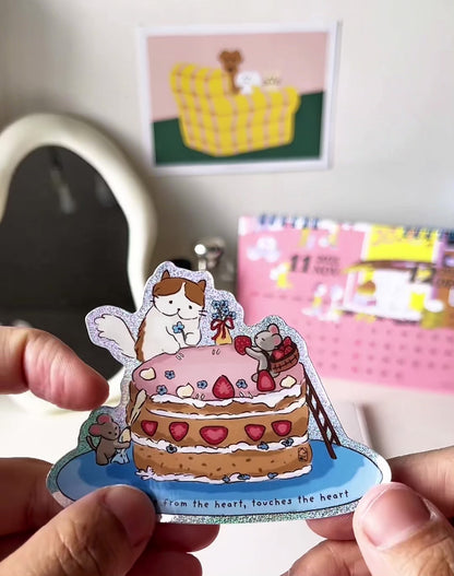 Strawberry Cake, Cat & Mouse - Sparkly sticker